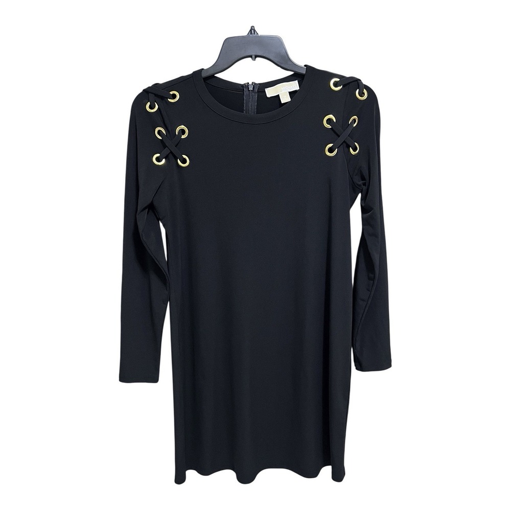 Michael Kors Black Knit Dress Gold Shoe‎ Lace Shoulder Grommets Women's Medium